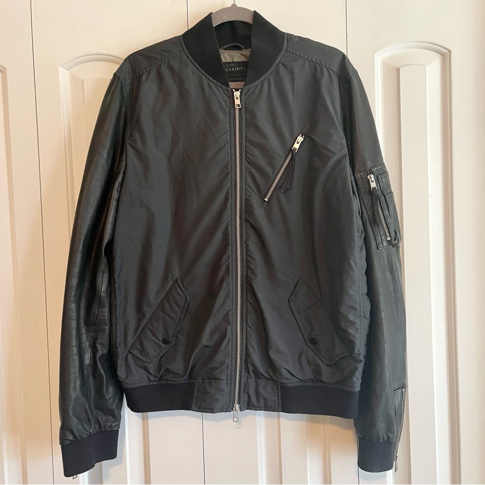 All Saints Nylon Bomber With Leather Sleeves